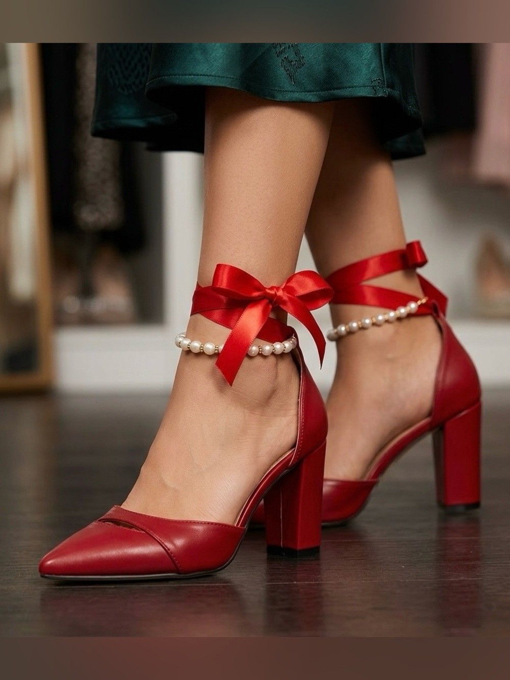 Red Satin Bow Ankle Strap Pumps - Women Shoes